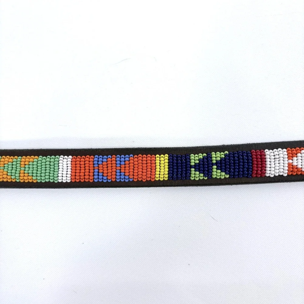 Handcrafted Beaded‎ Leather Belt Brown Colorful Tribal Geometric Brass Buckle 26